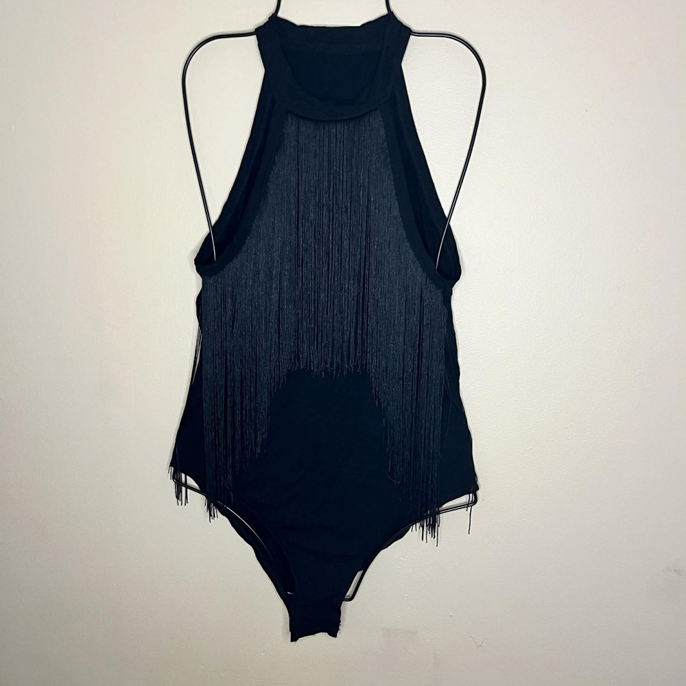 Verdusa Women's Western Fringe Boho Sleeveless Black Bodycon Halter Bodysuit